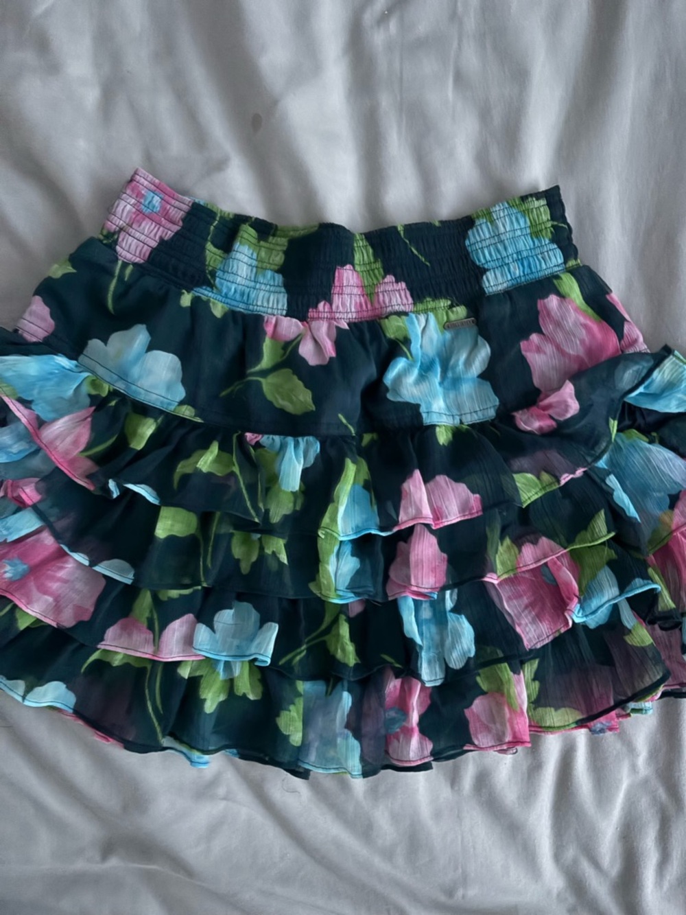 Hollister Navy Ruffle Mini Skirt with Pink & Blue Flowers
